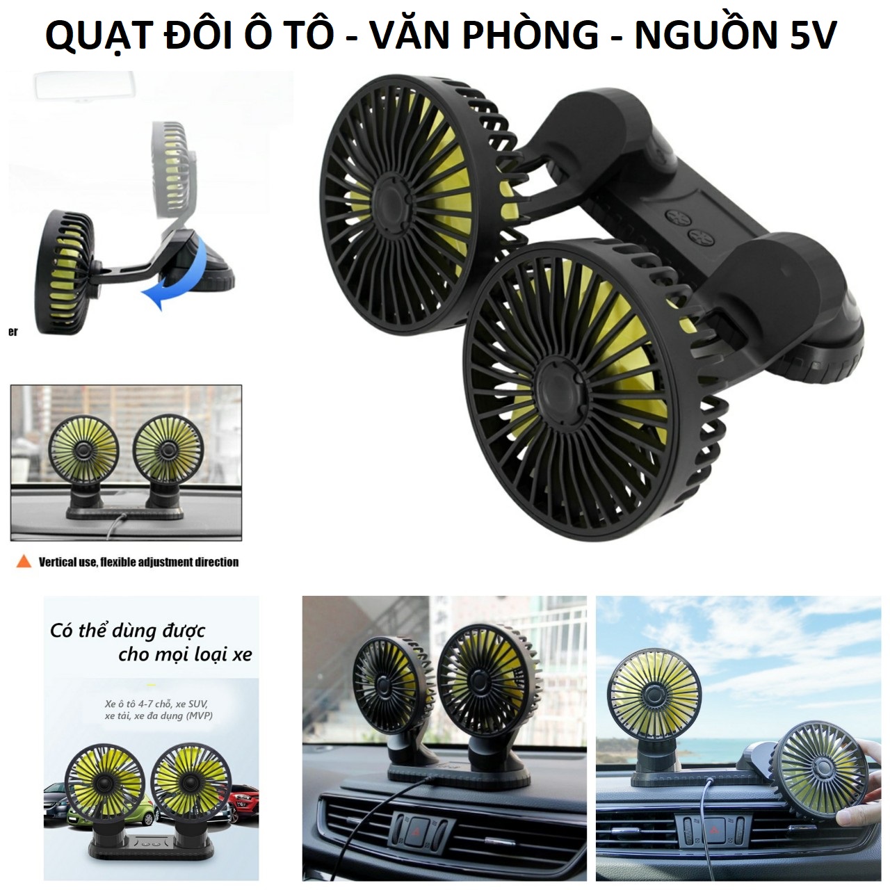 Quạt máy đôi 12v, 24v xoay 360 tiện ích trên ô tô, xe hơi văn phòng cao cấp mẫu mới loại tốt gió mạnh
