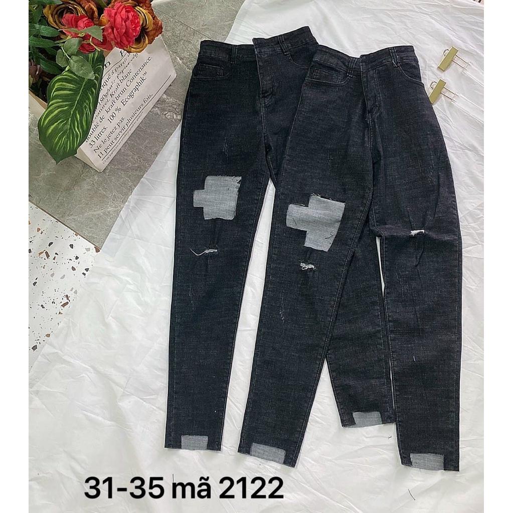 Quần jean nữ lưng cao form ôm rách gối siêu co giãn big size