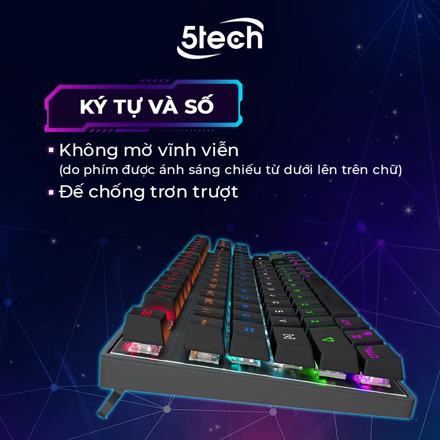 Bàn phím cơ gaming 5TECH Led RGB 10 chế độ nháy cực đẹp, chơi game gõ siêu đã, thiết kế nhỏ gọn dùng cho máy tính, laptop hàng chính hãng