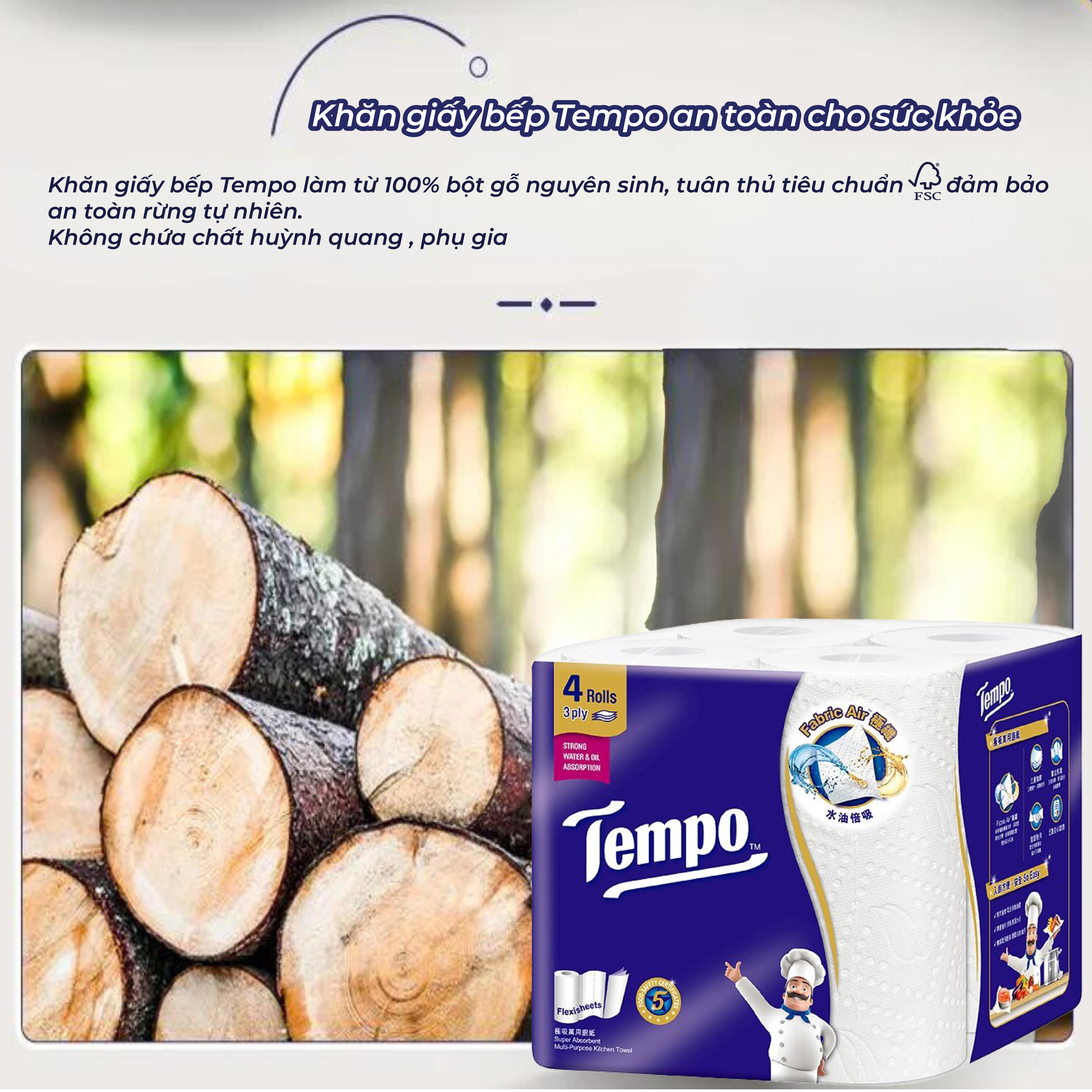 [MUA 2 LỐC BẾP CUỘN TẶNG 1 GÍA ĐỠ] Khăn Giấy Bếp Cuộn Đa Năng Siêu Thấm Tempo ( Lốc 4 Cuộn)