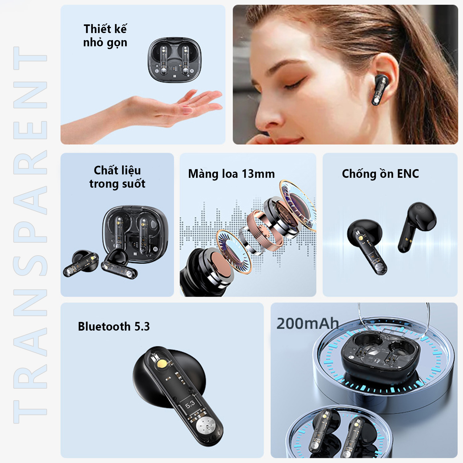 Tai Nghe Bluetooth Mini Trong Suốt eXtreme TN1101 Pin Trâu, Hỗ Trợ Nghe Gọi, Tai Nghe Không Dây Chống ồn ENC, Sạc Type C, Cảm Ứng 1 Chạm - Hàng chính hãng