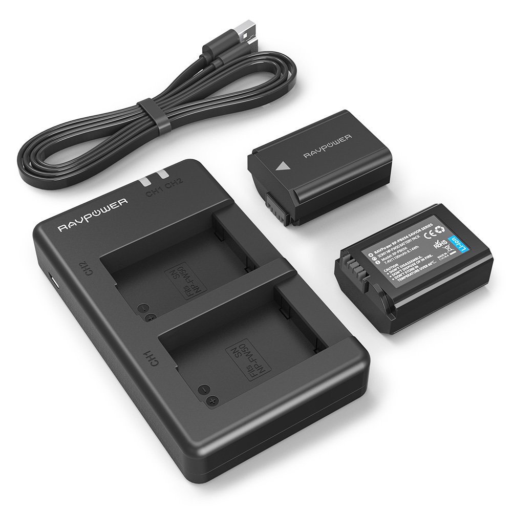 Bộ 2 Pin Và Sạc Kép RAVPower Cho Sony FW50 A6000 A6300 A6400 A6500 A6600 A7II A7SII A7RII A7 Nex - Hàng Nhập Khẩu