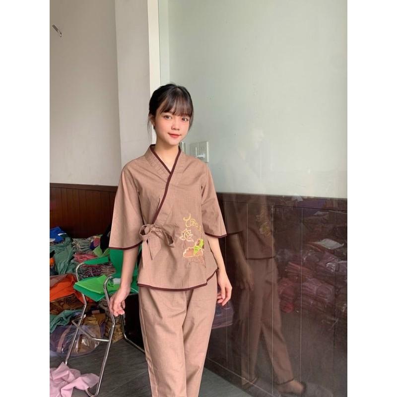 Đồ Lam Đi Chùa Pháp Phục Phật Giáo xéo nhật nơ thêu sen