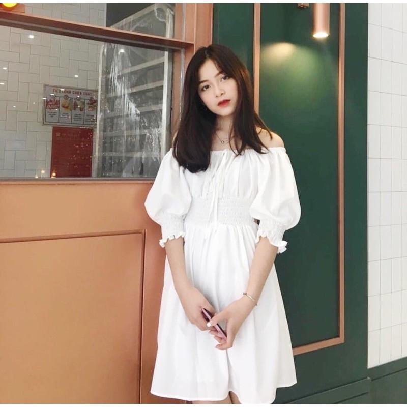 Đầm trắng trễ vai tay lỡ bo thun eo,váy xoè may 2 lớp thương hiệu Sun Fashion