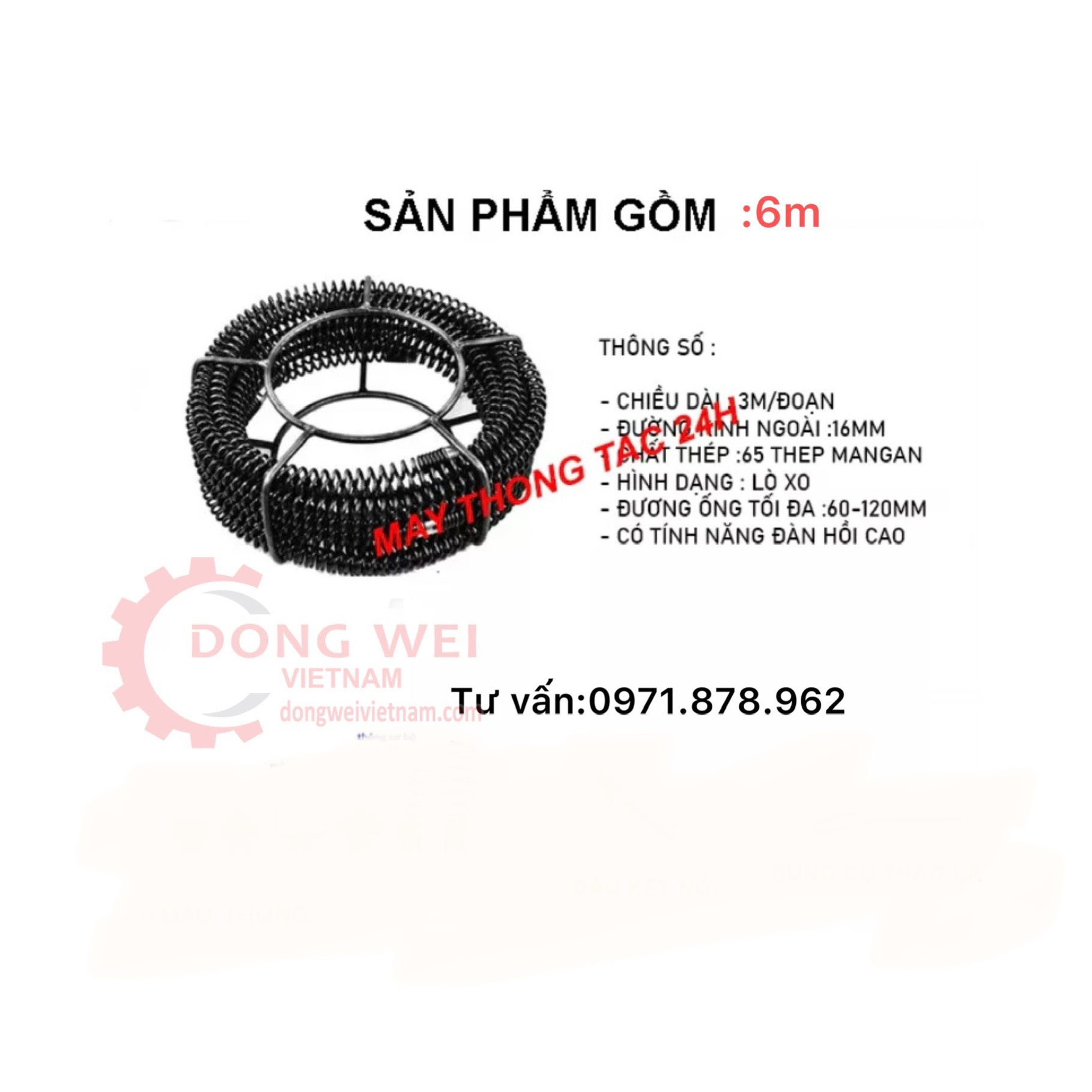 Dây thông tắc cống 6M, đánh bồn cầu, bồn rửa dùng cho máy khoan