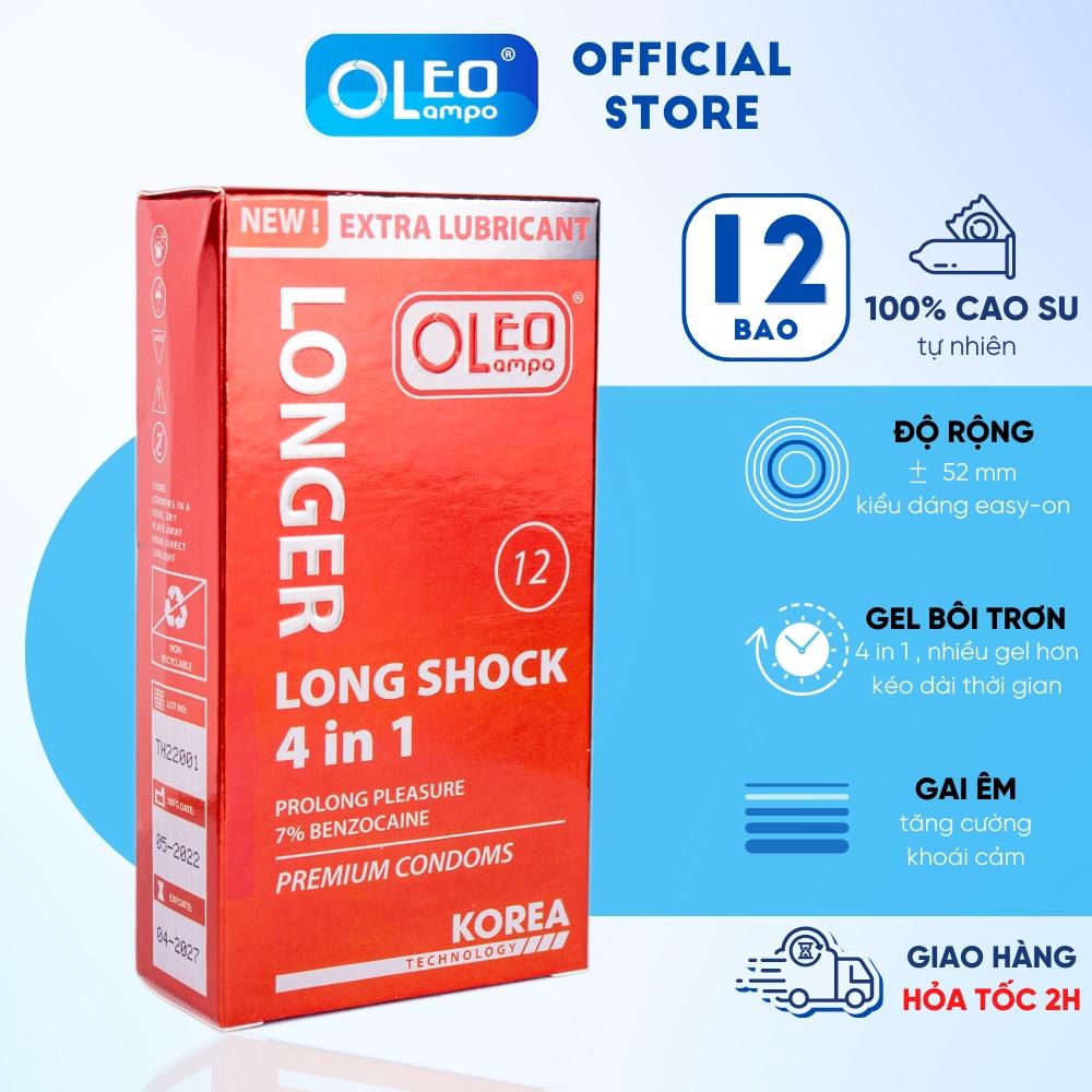 Bao cao su gân gai OLEO LAMPO Long Shock 4 in 1 Extra Lubricant gai êm nhiều gel tăng cường khoái cảm, hộp 12 chiếc