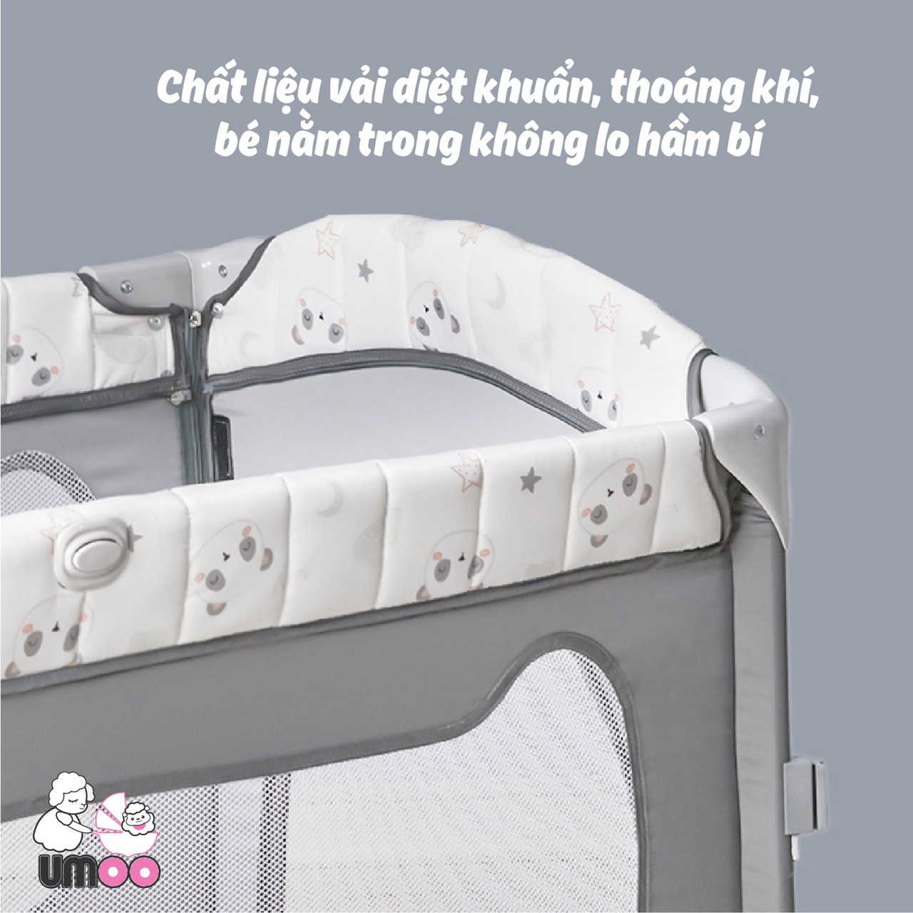 Nôi cũi vải gấp gọn đa năng umoo um-08108 chính hãng sang chảnh