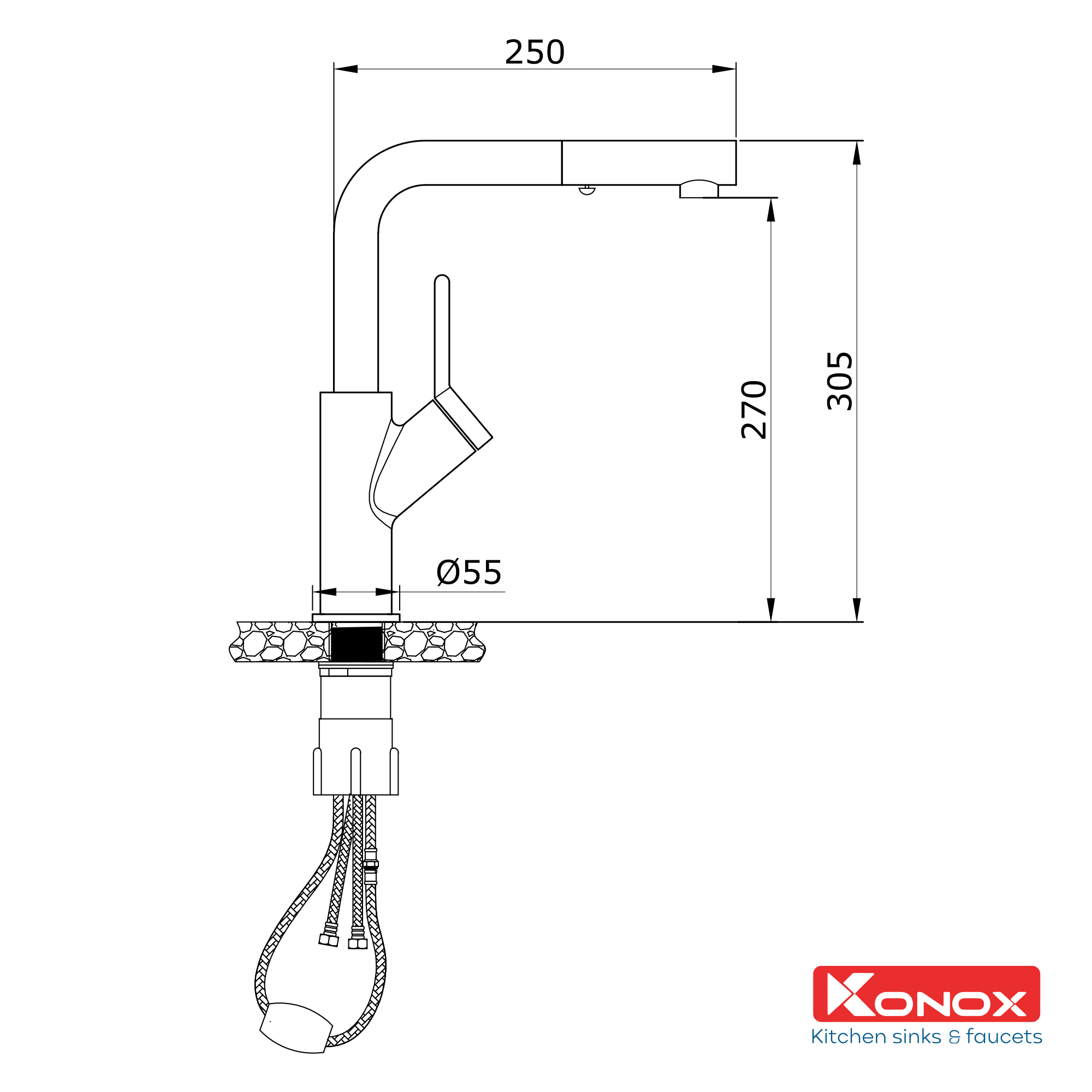 Vòi rửa bát rút dây Konox, Model Artan Grey, 6 phiên bản màu, Bề mặt mạ PVD 5 lớp cao cấp, Lõi đồng tiêu chuẩn CW617N, Linh kiện phụ trợ dòng chảy nhập khẩu châu Âu, Bảo hành chính hãng 5 năm, Hàng chính hãng