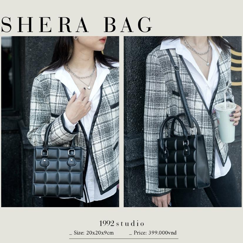Túi xách nữ / 1992 s t u d i o/ SHERA BAG/ Túi form hộp cá tính, unisex, màu đen, da dập vuông chần nổi
