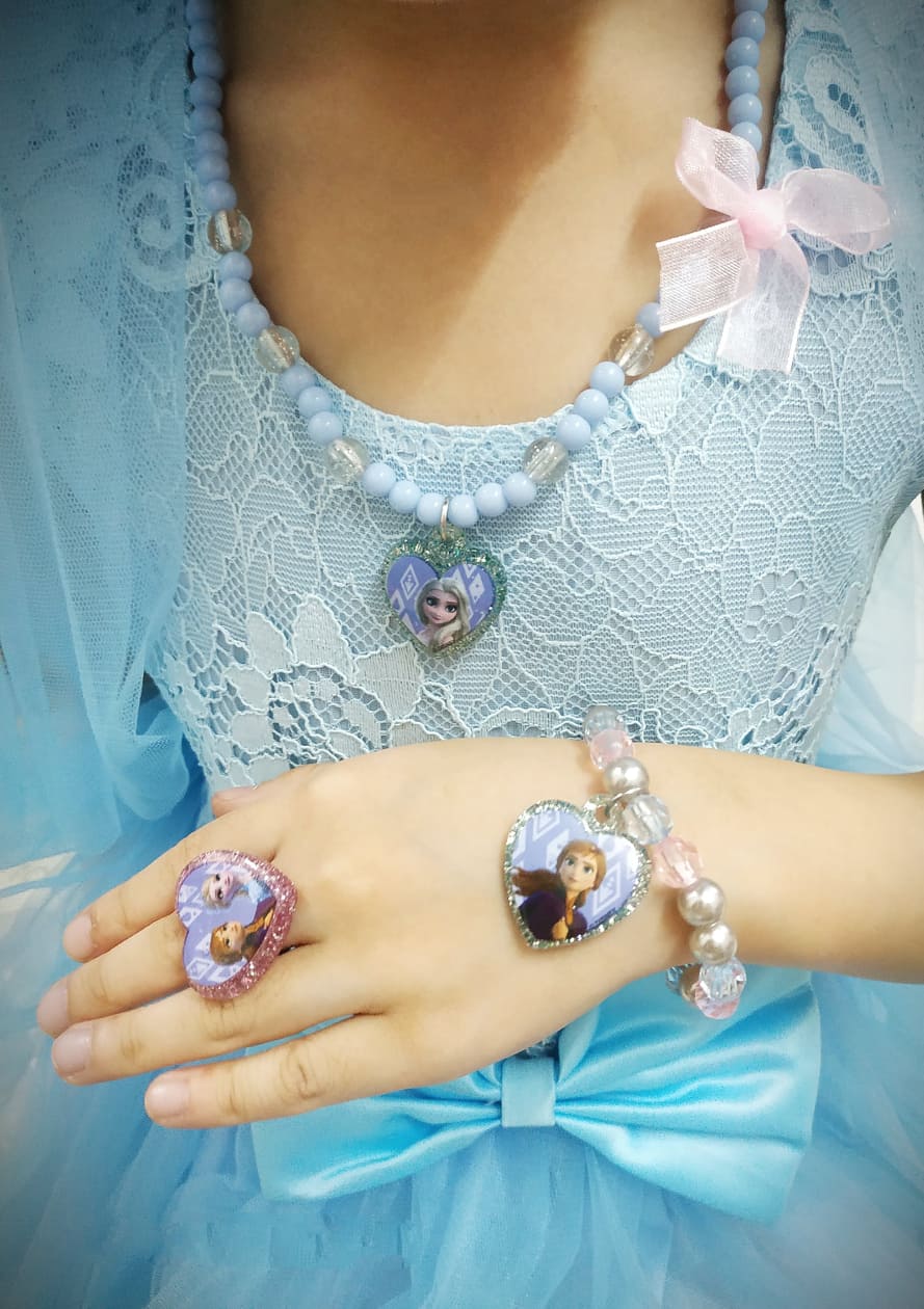 Set bộ trang sức cao cấp dây chuyền vòng cổ, vòng tay, nhẫn đeo tay hóa trang công chúa Frozen Nữ hoàng băng giá Elsa cho bé gái
