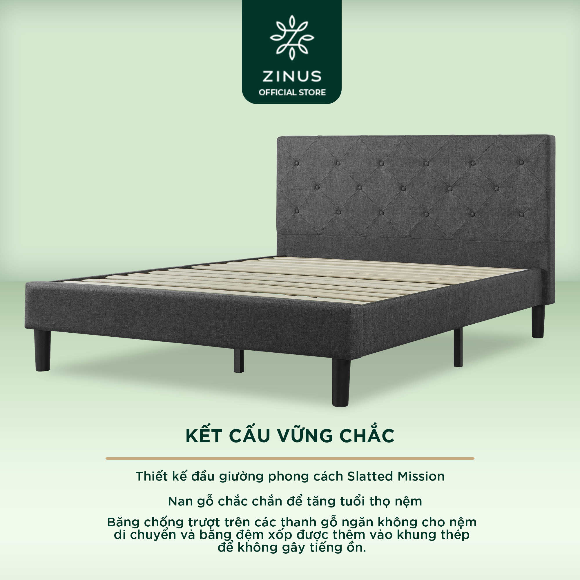 Giường Bọc Nệm Zinus Tự Lắp Ráp Sang Trọng Phong Cách Mỹ - Vertically Cushioned Platform Bed