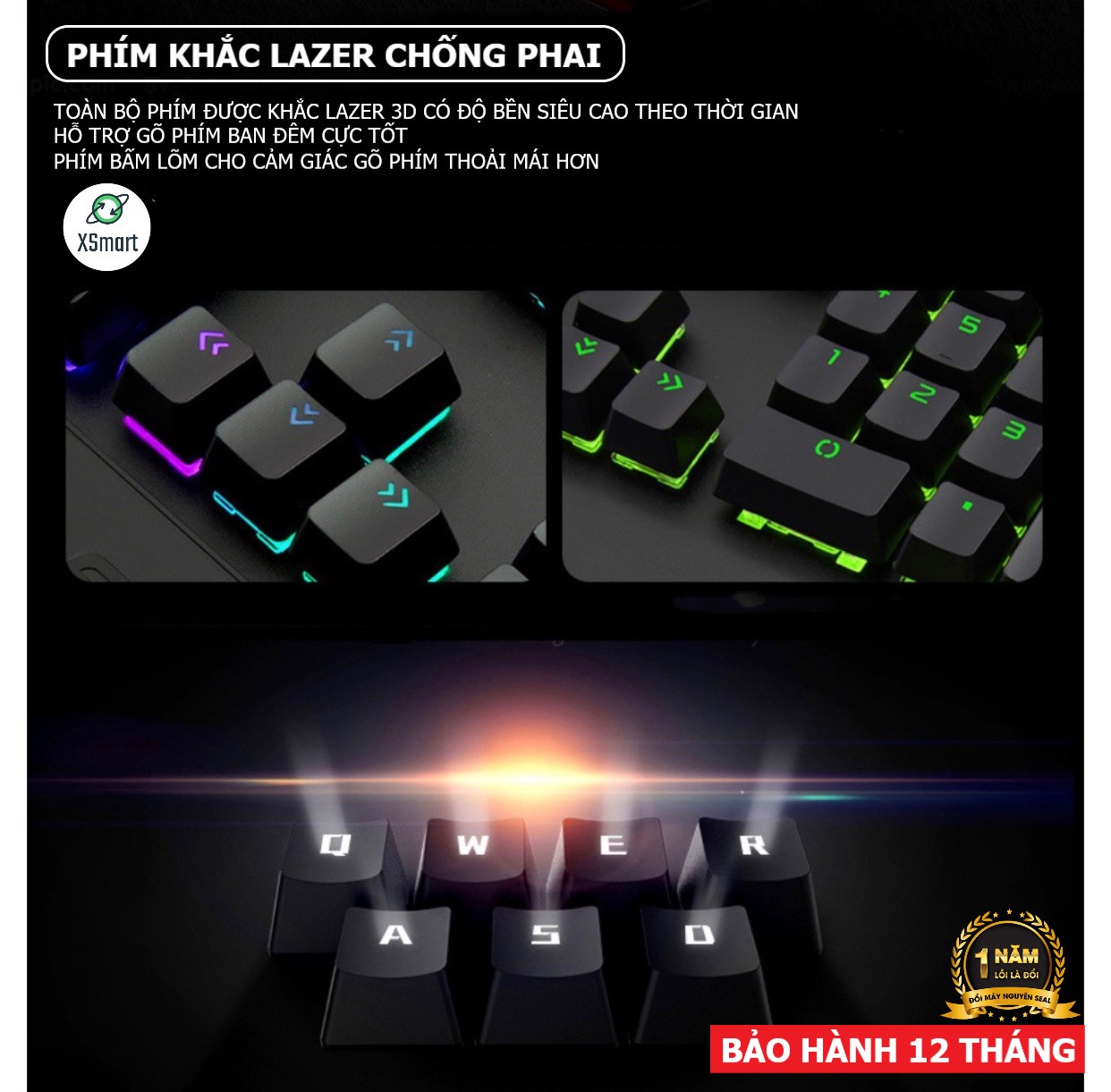 Bàn Phím Cơ Gaming CAO CẤP XSmart K1000 FULL LED RGB Có Kê Tay, Blue Switch Gõ Cực Đã Cho Laptop Máy Tính PC, Cổng USB - Hàng Chính Hãng