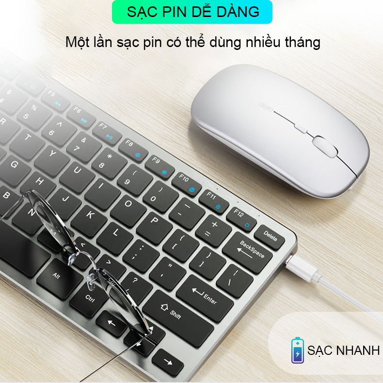 Bộ bàn phím chuột không dây sạc pin Sidotech V780B dòng bàn phím bluetooth mini cho Laptop Macbook Máy tính bảng, sạc pin 1 lần dùng 1 tháng, thiết kế công thái học êm ái có chức năng silent chống ồn khi gõ, kiểu dáng hiện đại