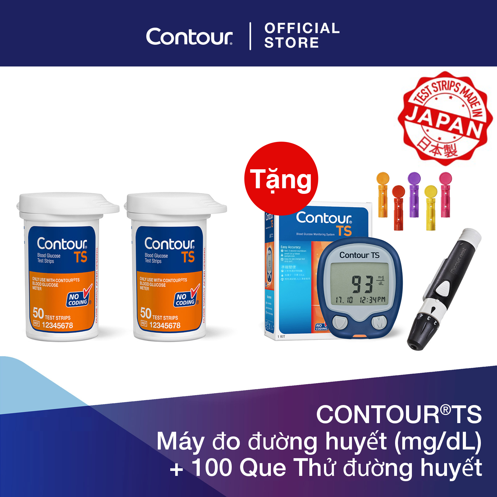 [Phiên bản đặc biệt] Bộ sản phẩm:  1 Máy đo đường huyết CONTOUR TS (mg/dL) và 100 Que thử đường huyết