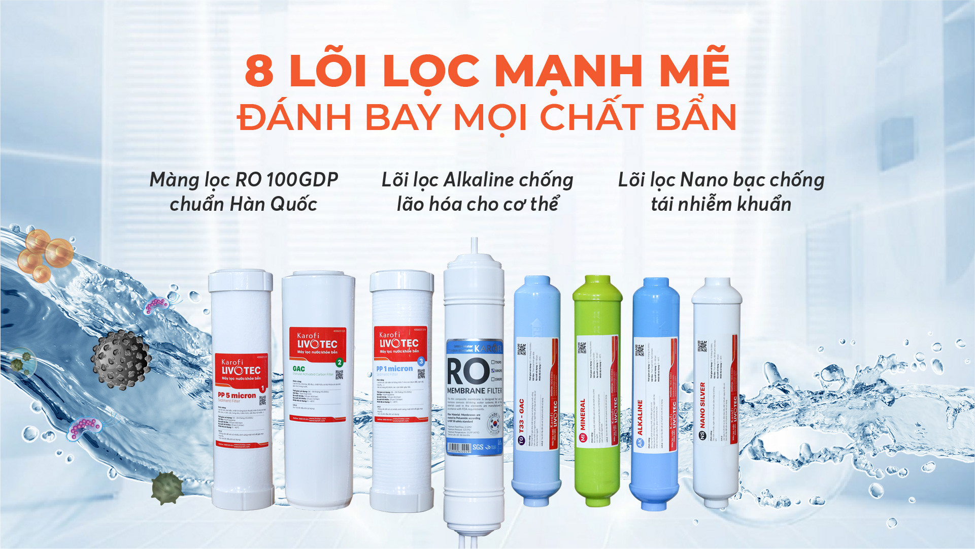 Máy lọc nước 8 lõi lọc hàng chính hãng Karofi Livotec 311, màng RO 100GDP Hàn Quốc