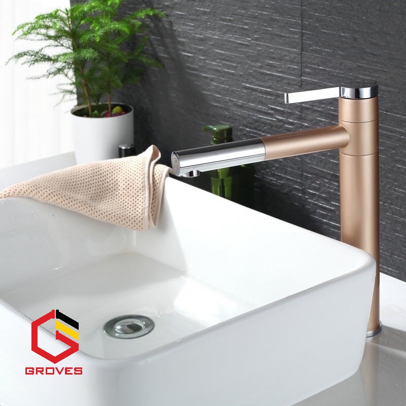 Vòi rửa mặt đa năng thân cao mạ vàng GR7013C (đầu và thân vòi đều xoay được 360 độ, mạ màu vàng nhạt - như hình)