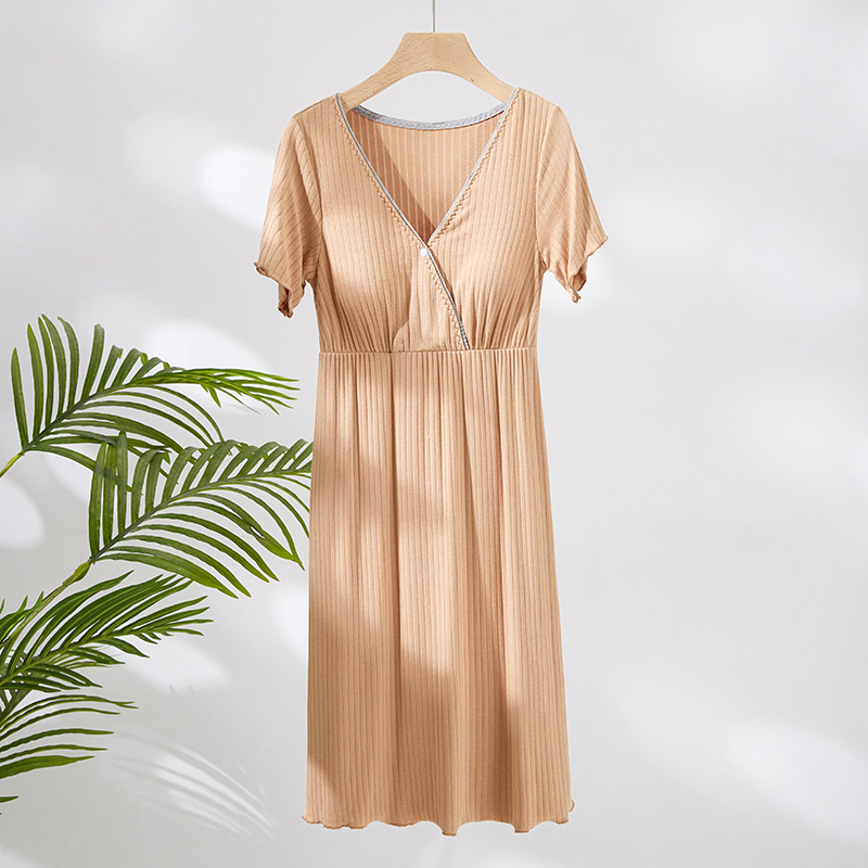 Váy đầm ngủ ngắn tay cổ V đệm ngực vải Cotton tự nhiên mềm mại thoáng mát mặc nhà mùa hè mã VAV0359