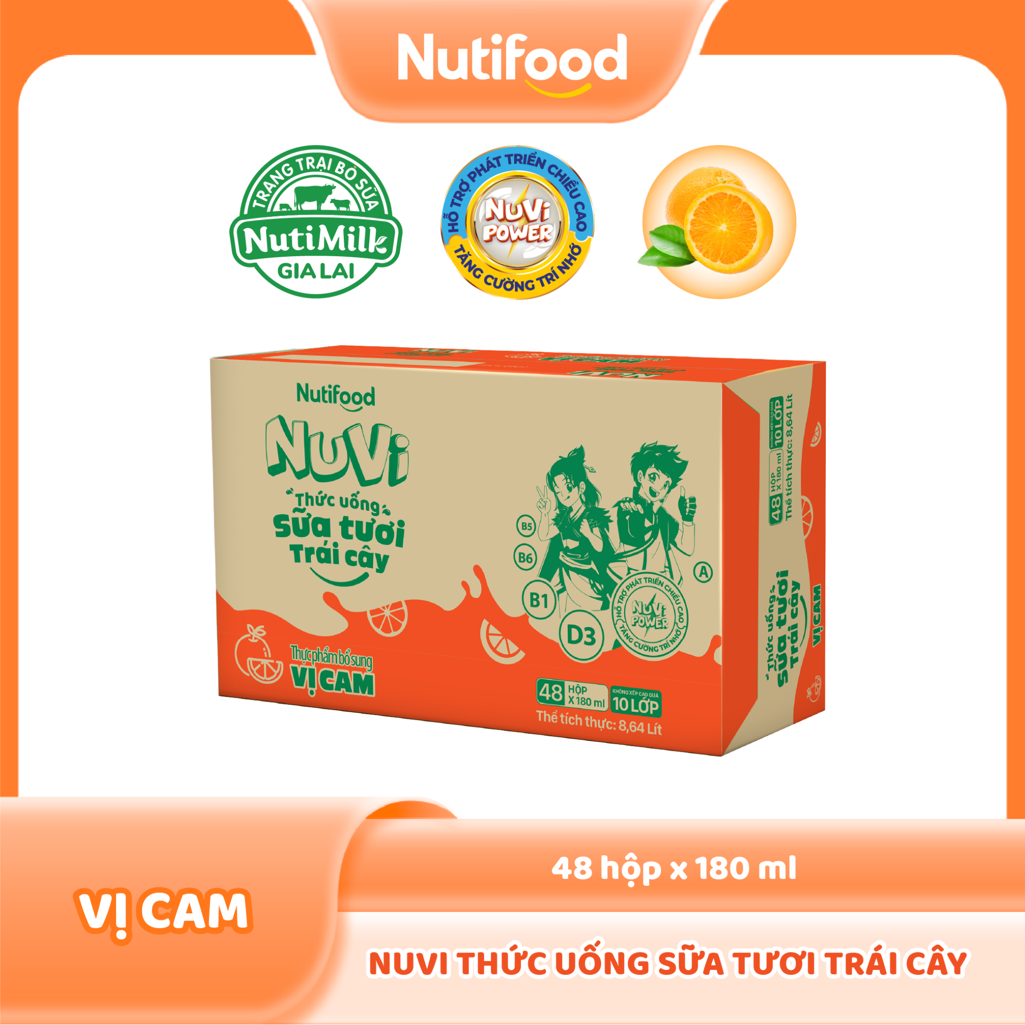 Thùng 48 hộp Thức Uống Sữa Tươi Trái Cây Tươi Nuvi Vị Cam 180ml - Tăng Cường Chiều Cao, Phát Triển Trí Não