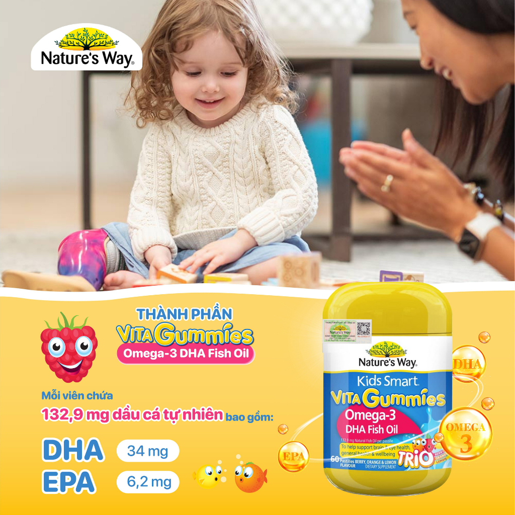 Kẹo Dẻo Omega 3 Nature's Way Kids Smart Vita Gummies Omega-3 DHA Fish Oil (Chai 60 Viên)
