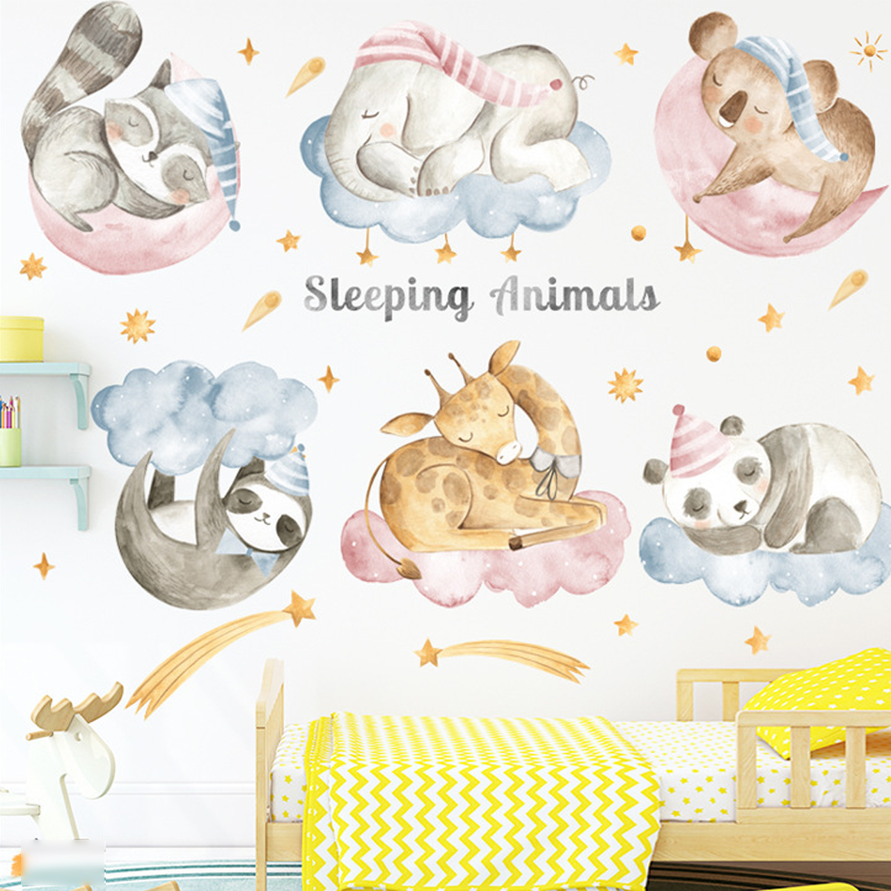 Decal dán tường trang trí phòng ngủ, lớp mầm non- Bầy thú ngồi mây- mã sp LV114