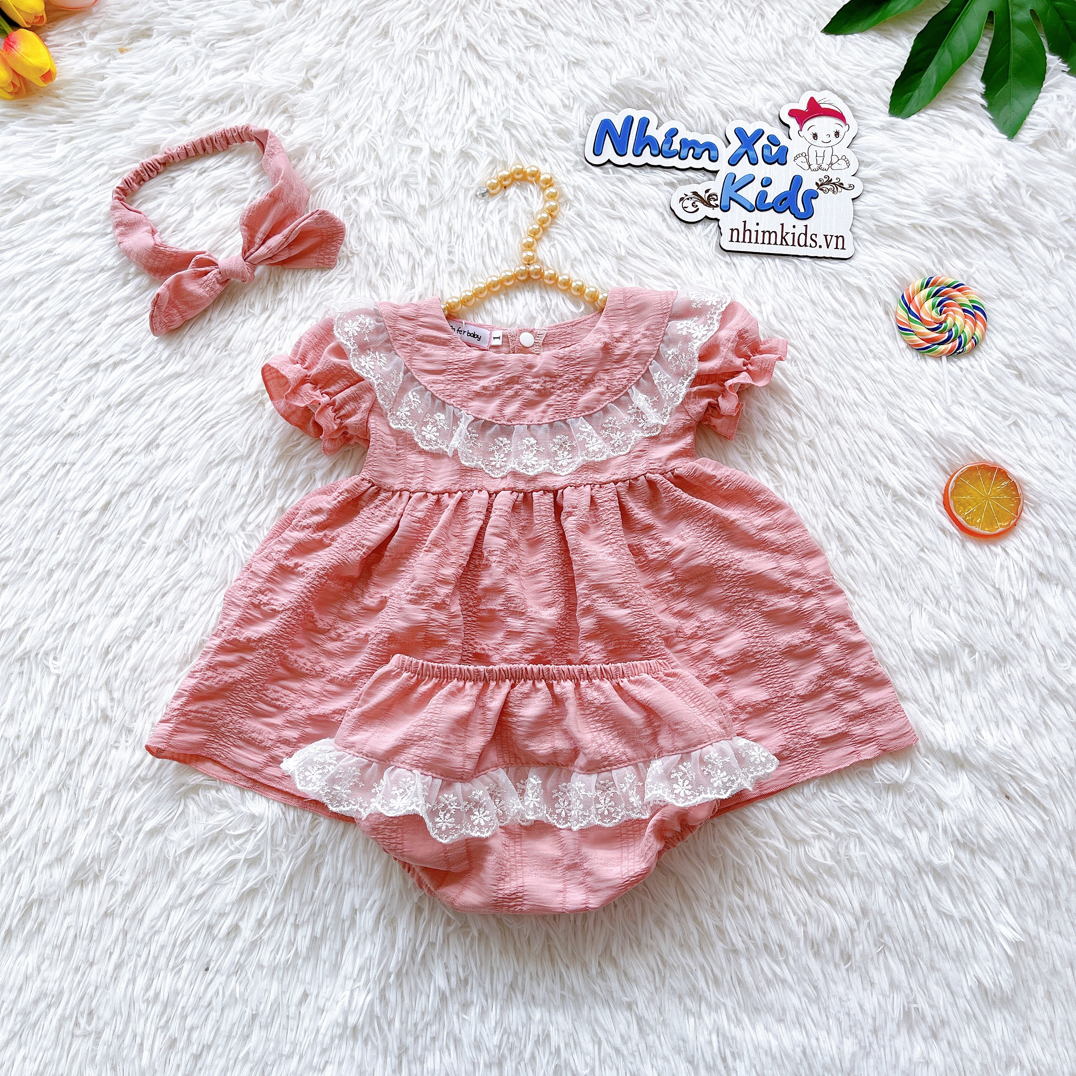 Váy Lolita Hồng Pastel Cho Bé Gái Sơ Sinh Đến 15kg Chất Đũi Xốp Mát Rượi