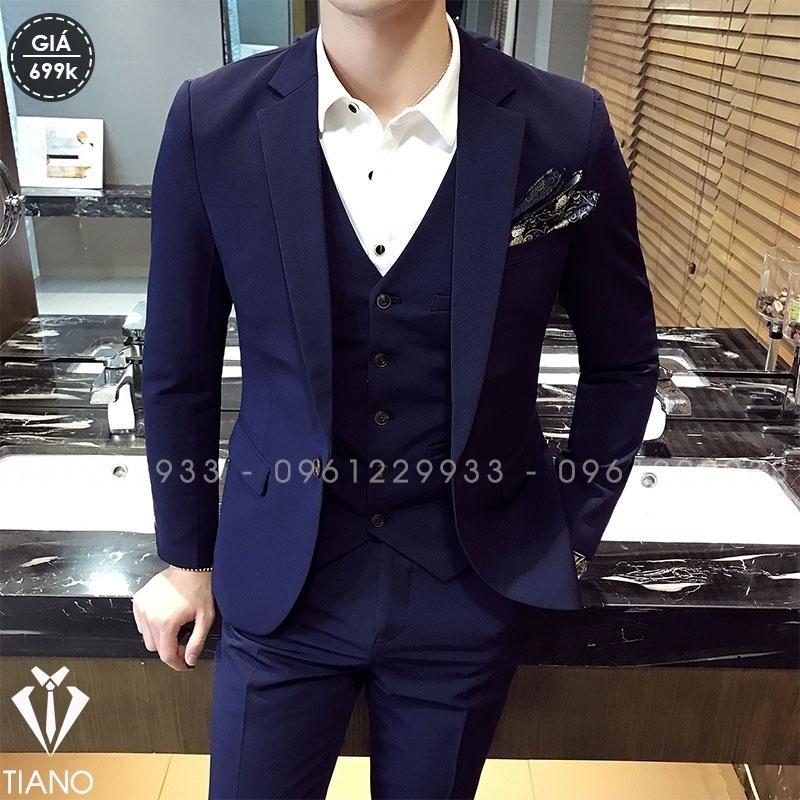Bộ Vest nam màu Xanh Than 1 cúc, form ôm body, chất vải dày mịn co giãn nhẹ. Suit Nam Cao Cấp