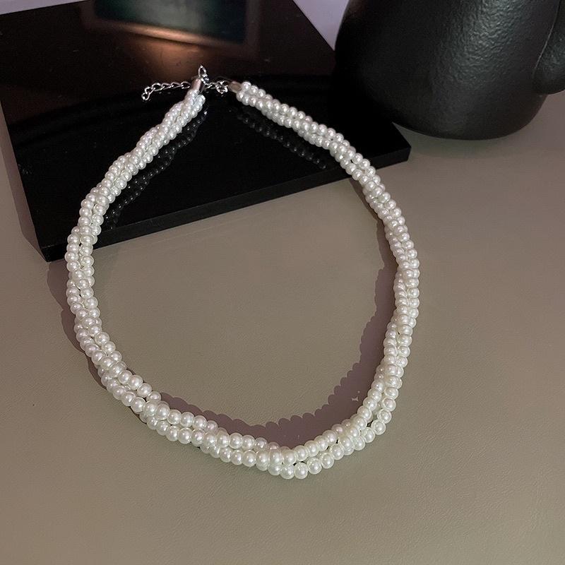 N410 choker vòng cổ hạt Trai, dây chuyền hạt bẹt dây chuyền mang áo dài 3 sợi hạt 6mm xoắn, sang trọng cho nữ