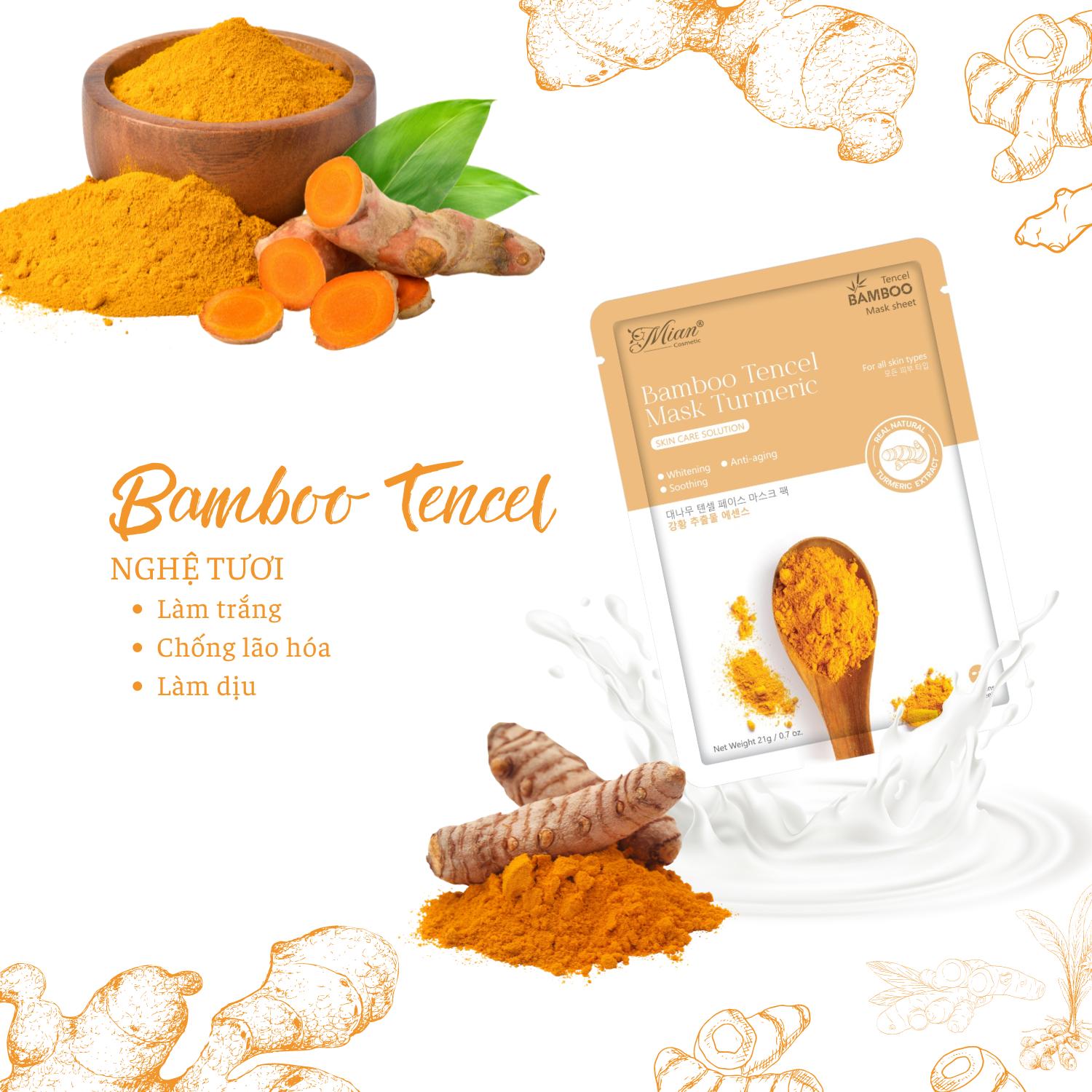 Mặt Nạ Dưỡng Da Mian Bamboo Tencel Mask Turmeric Chiết Xuất Nghệ Tươi 21g