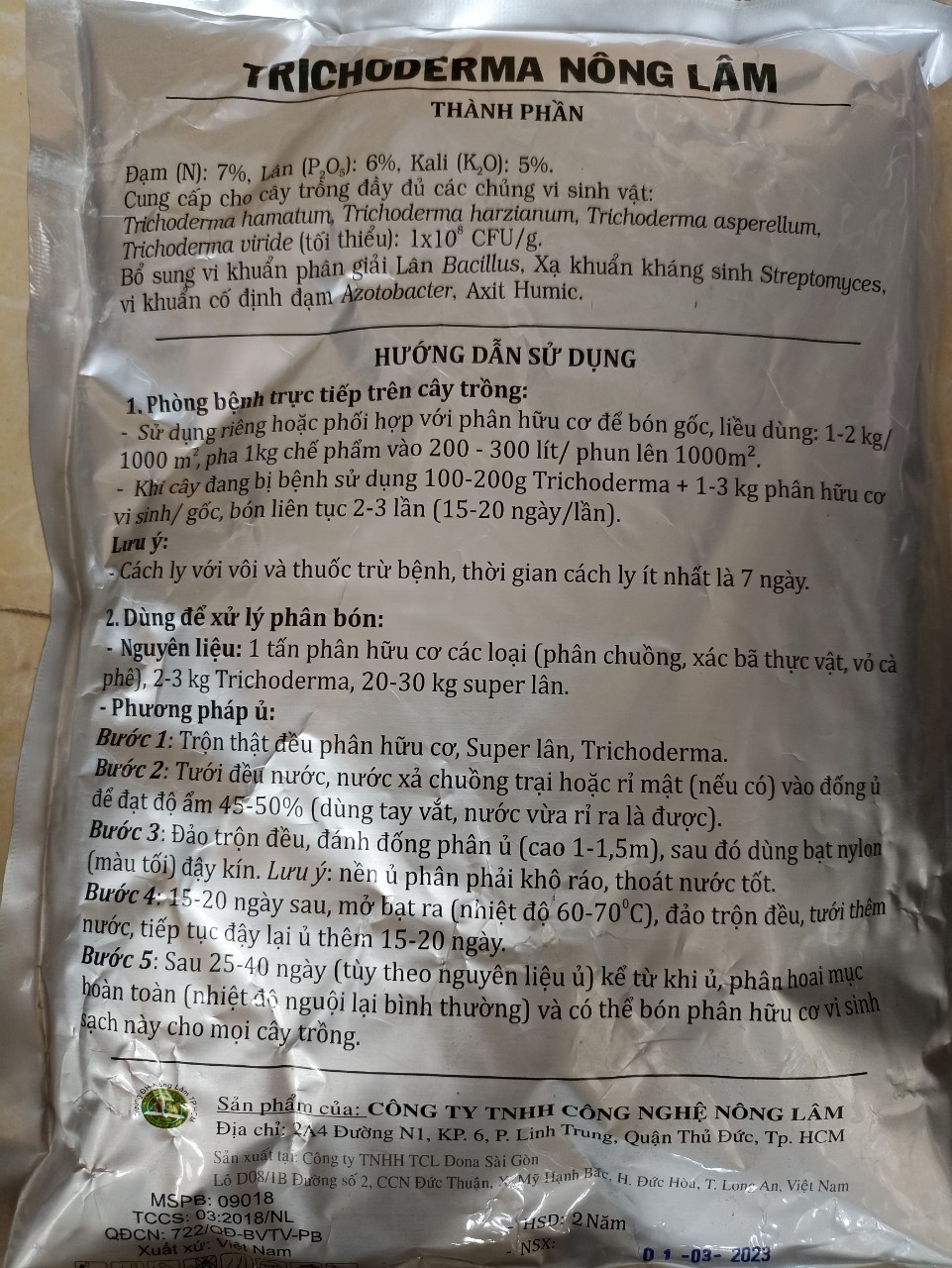 Nấm trichoderma Nông Lâm - 5 tỷ bào tử - gói 1 kg