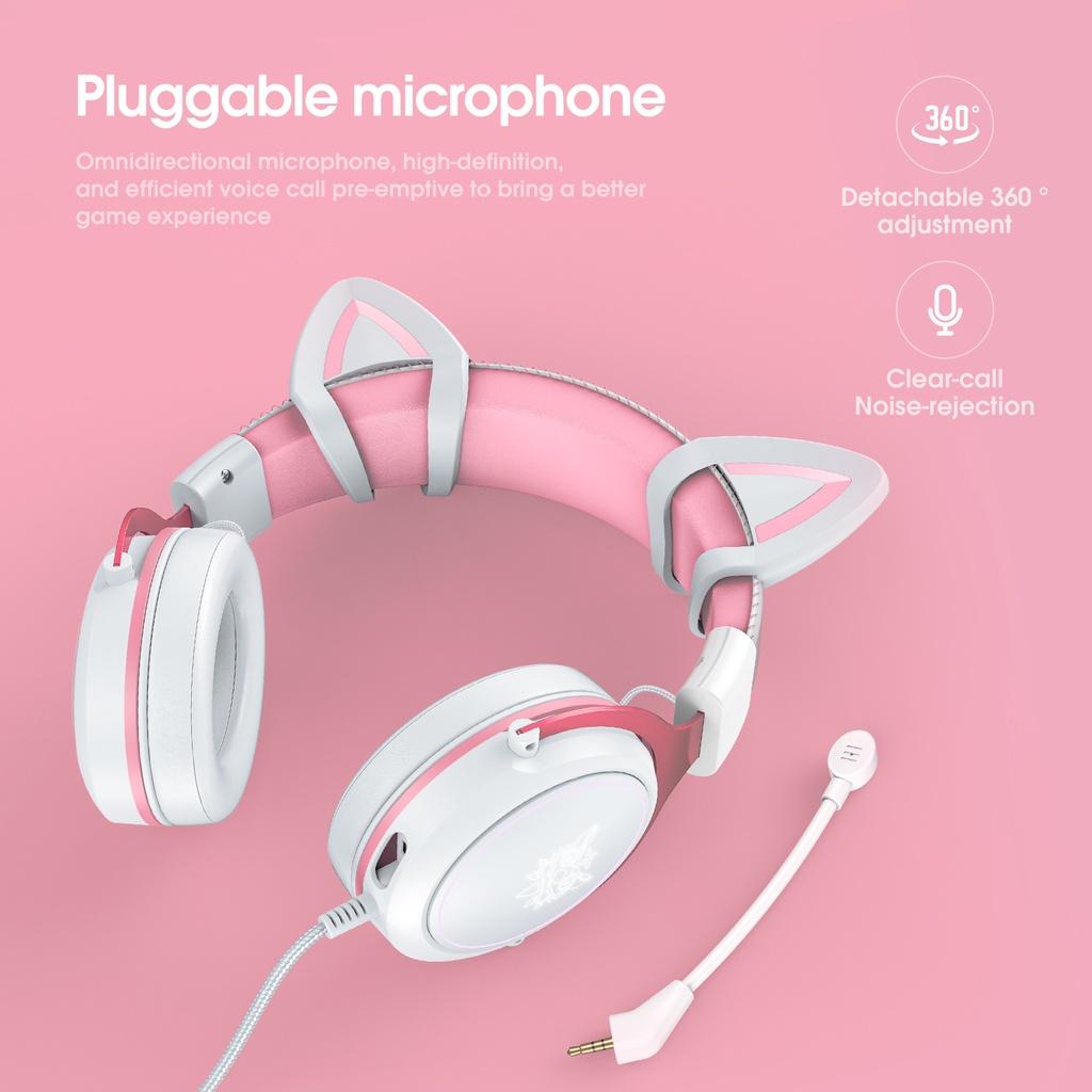 Tai nghe chơi game âm thanh nổi ONIKUMA X10 màu hồng trắng với micrô tai mèo RGB, có sẵn máy tính PC