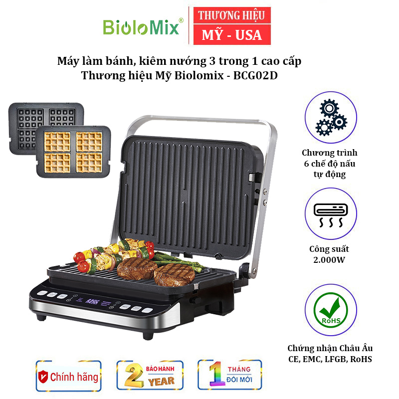 Máy làm bánh kiêm bếp nướng đa năng 3 trong 1 cao cấp Biolomix BCG02D Công suất:  2000W nhiệt độ từ 80-230 độ C - HÀNG CHÍNH HÃNG