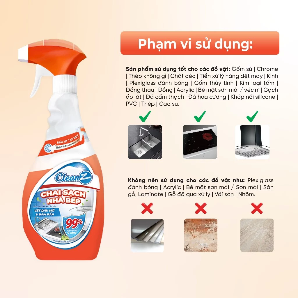Combo 3 chai sạch đa năng Cleanz hương Chanh (không xịt bọt) + Quà tặng