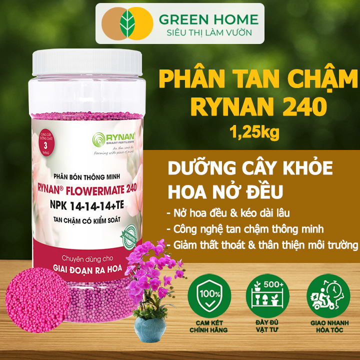 Phân Tan Chậm GreenHome, Rynan 240, Hũ 1,25kg, Dùng Cho Hoa Hồng Ra Hoa Đều Và Màu Sắc Rực Rỡ