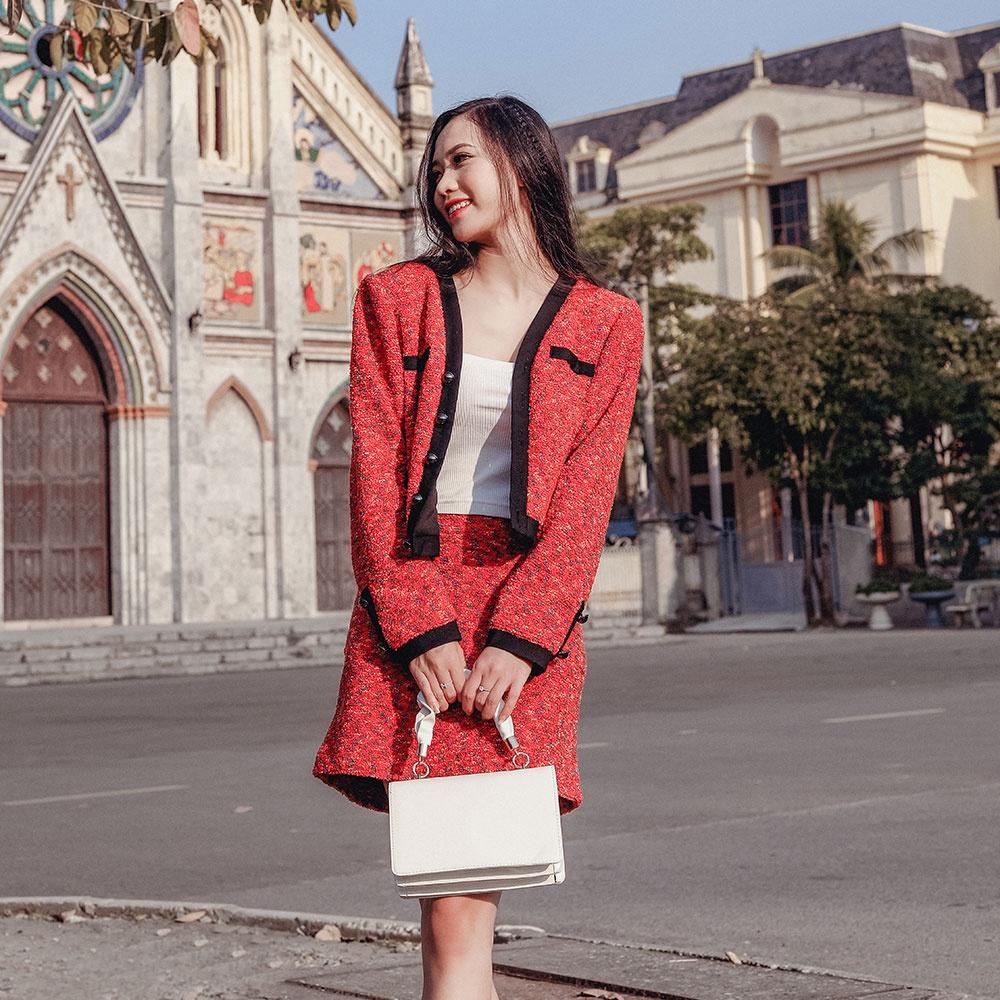 Set dạ 2 lớp tweed nữ đỏ diện Noel, diện Tết, tinh tế và sang trọng, hàng thiết kế cao cấp TK Fashion - Sét dạ K1