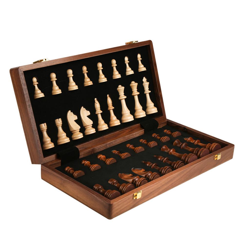 Wooden Chess Board Set 15 Inch International Chess Game Foldable Chess Board with Crafted Chess Pieces and Storage Slots