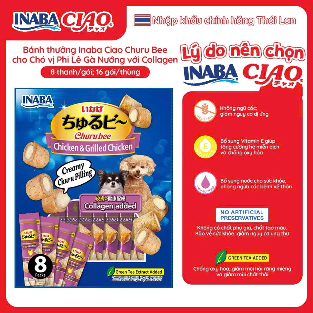 BÁNH THƯỞNG CHO CHÓ INABA CIAO CHURU BEE PHI LÊ GÀ NƯỚNG BỔ SUNG CANXI & COLLAGEN [ TÚI 80G