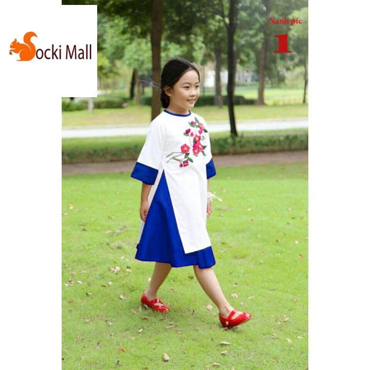 Thời trang trẻ em - Áo dài thêu hoa kết hợp váy bé gái duyên dáng