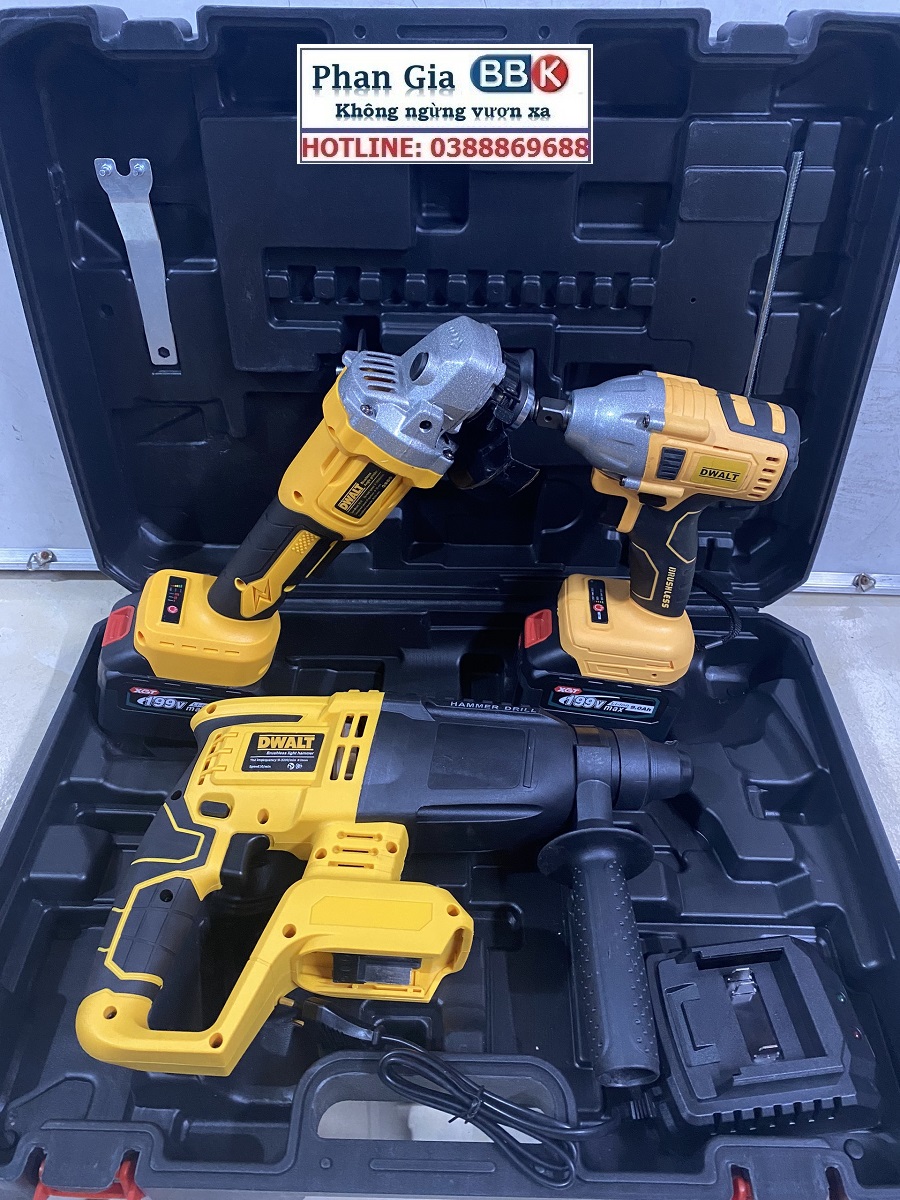 Bộ Combo 3 Trong 1 Gồm Máy Khoan Đục Bê Tông, Máy Mài Và Máy Siết Bulong Dùng Pin 199V, 2 Pin 15 Cell, Động Cơ Không Chổi Than