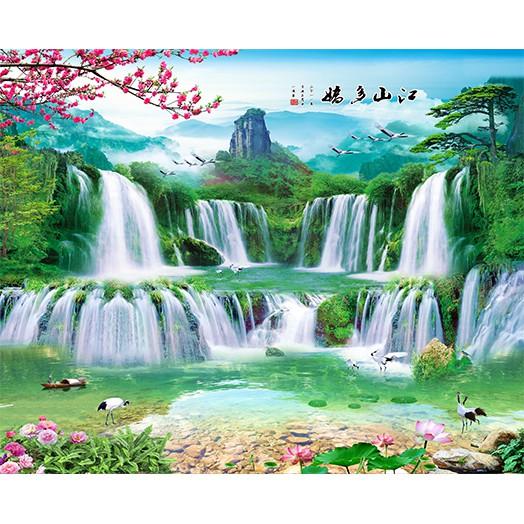 Tranh dán tường 3D thác nước - vải lụa phủ kim sa