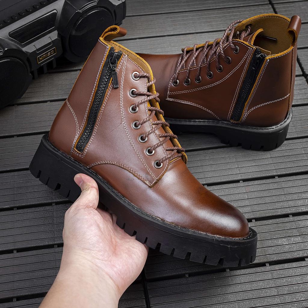 Giày Da Nam AROTI Combat Boots Zip Cao Cổ Chất Da Bò Đẹp Cao Cấp,Đế Khâu Chắc Chắn, Tăng Chiều Cao 5cm Đủ size G610-N