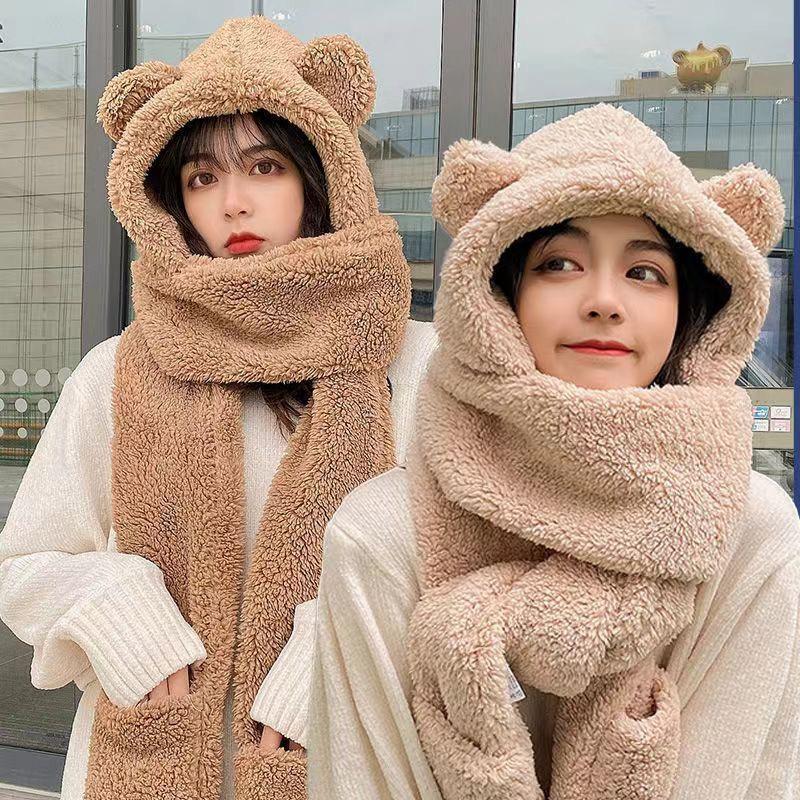 Mũ lông cừu kèm khăn quàng cổ bao tay 3 trong 1 ấm áp phong cách Hàn Quốc