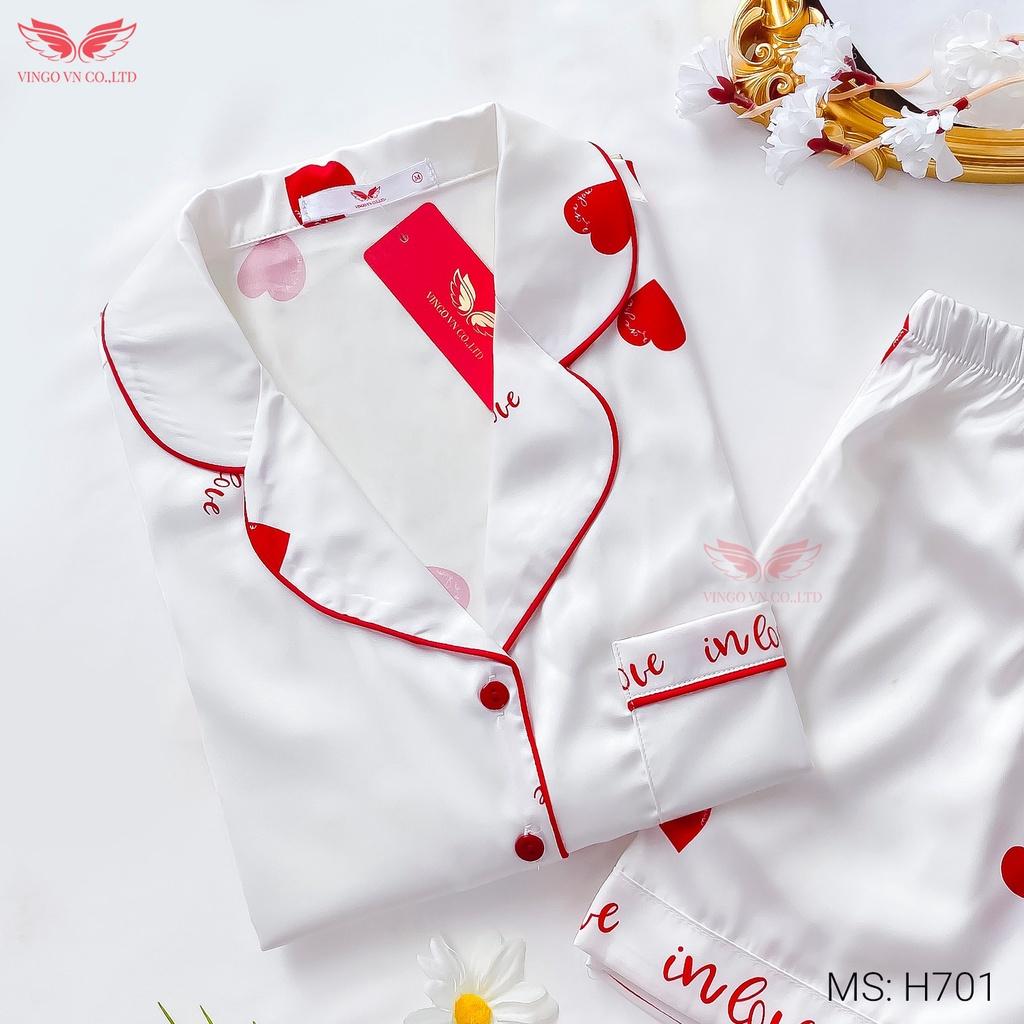 Đồ bộ nữ mặc nhà Pijama lụa Pháp mềm mát VINGO tay ngắn quần cộc họa tiết trái tim In Love dễ thương mùa Hè H701 VNGO