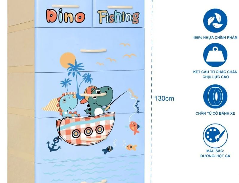 Tủ nhựa 5 tầng Qui Phúc KID màu xanh dương mẫu Dino Fishing KT 600 x 470 x 1300 mm _ Juno Sofa hàng lắp sẵn