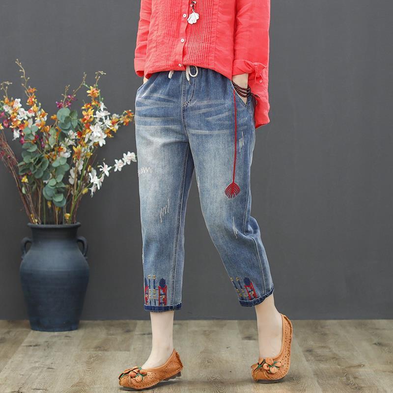 Quần Jeans Lửng Lưng Cao Co Giãn Thêu Họa Tiết Thời Trang Mùa Hè Cho Nữ