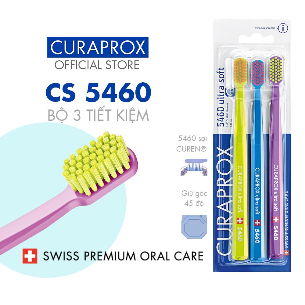 Bộ 3 bàn chải răng Curaprox CS 5460 Ultra Soft – Xanh lá-Xanh dương-Tím