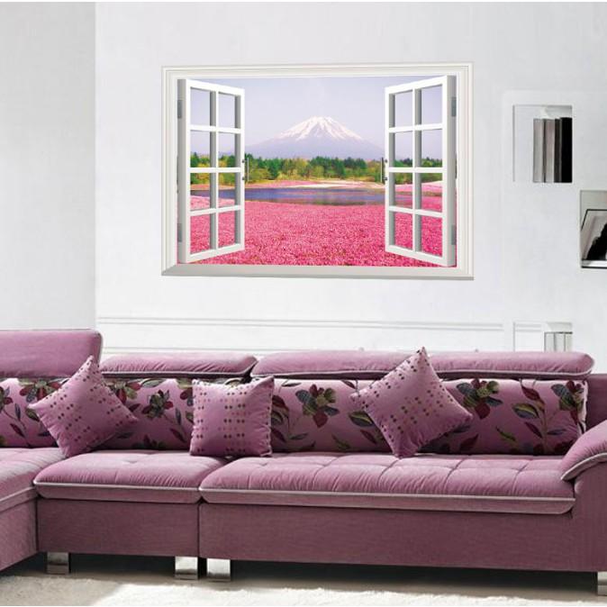 Decal trang trí tường Khung cửa sổ Núi lớn và cánh đồng Hoa Hồng