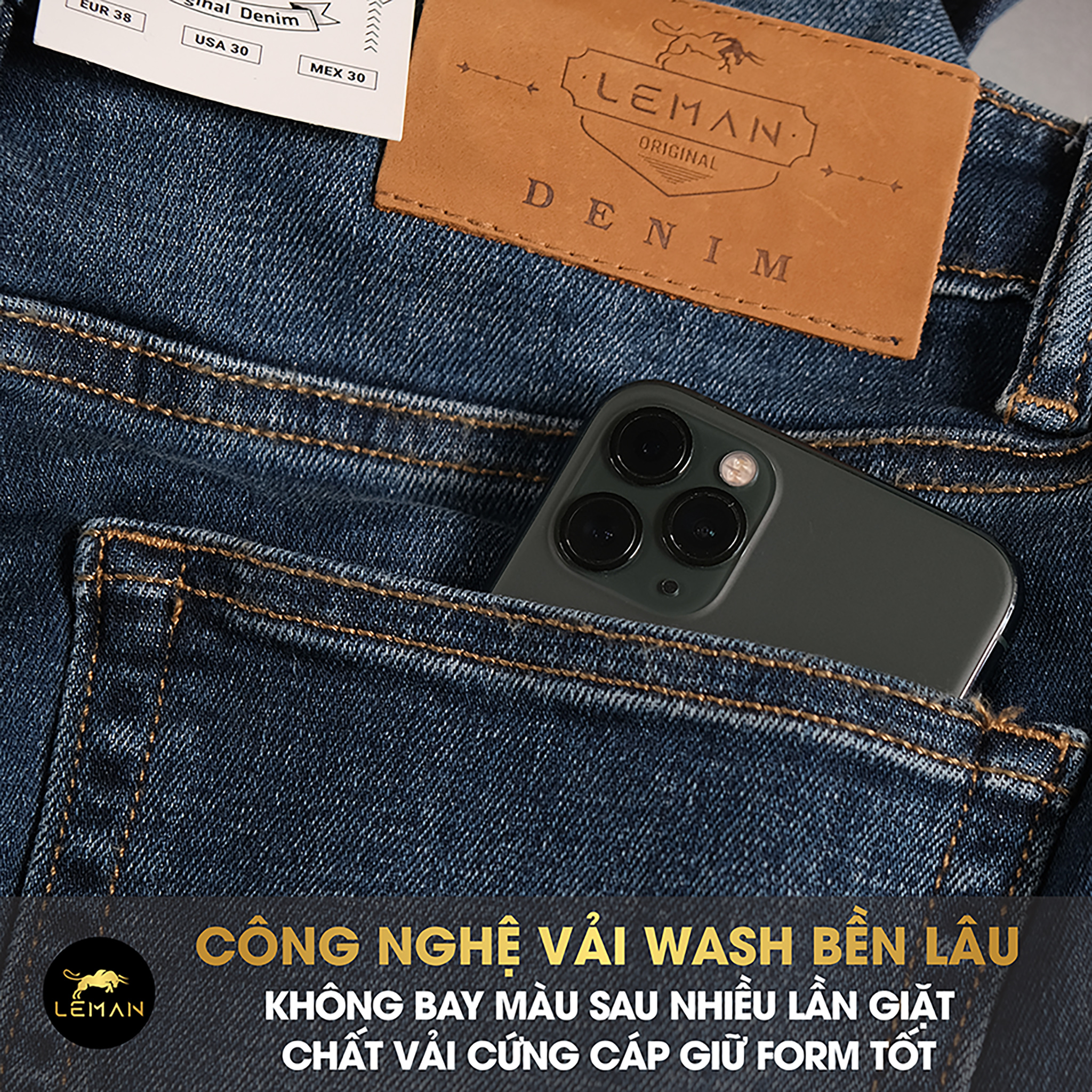 Quần Jean nam Leman xanh trơn JD08 - Slim Form