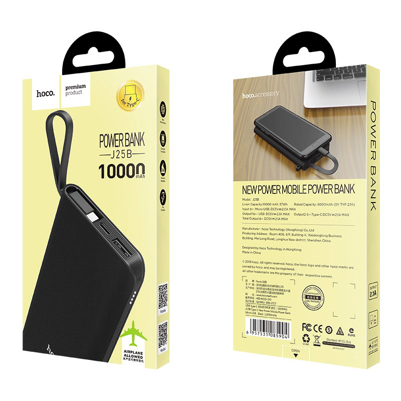 Pin sạc dự phòng 10000 mAh Hoco J25B tích hợp cáp sạc liền Type-C