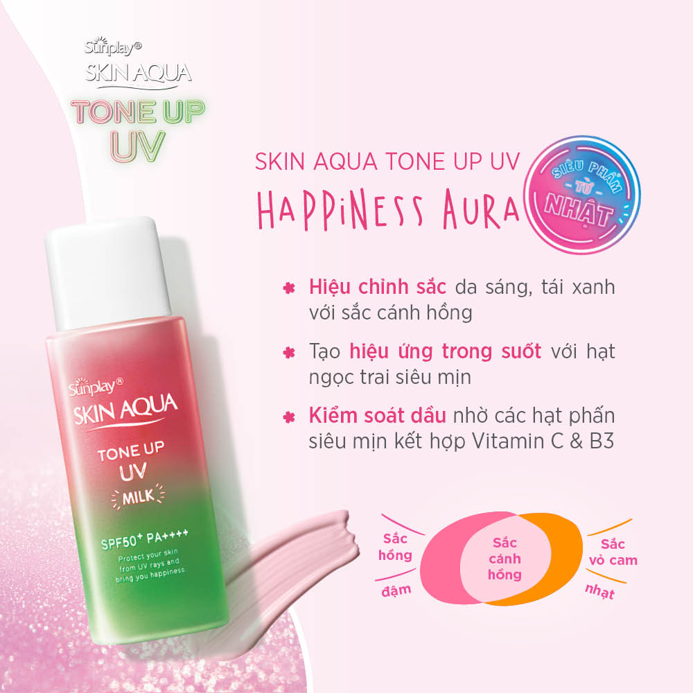 Sữa Chống Nắng Nâng Tông Dành Cho Da Dầu/Hỗn Hợp Sunplay Skin Aqua Tone Up UV Milk Happiness Aura (Rose) (Cho Da Sáng Hồng, Khuyết Điểm Xanh) (50g)