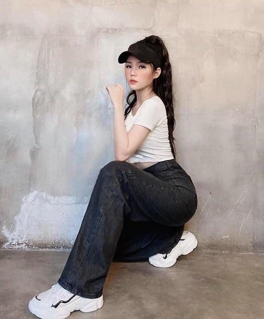 Quần Bò Suông Đen Dài BigSize - Lưng Cao Qua Rốn / Quần Dài Rộng Jeans Phom To Không Giãn